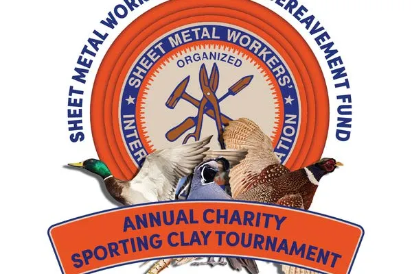 Sheet Metal Workers Local 49 Bereavement Fund Logo in blue and orange. In front of the logo is three ducks in flight. In front of the ducks is an orange banner with blue lettering stating: "Annual Charity Sporting Clay Tournement."