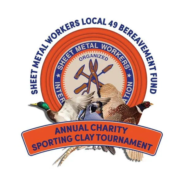 Sheet Metal Workers Local 49 Bereavement Fund Logo in blue and orange. In front of the logo is three ducks in flight. In front of the ducks is an orange banner with blue lettering stating: "Annual Charity Sporting Clay Tournement."