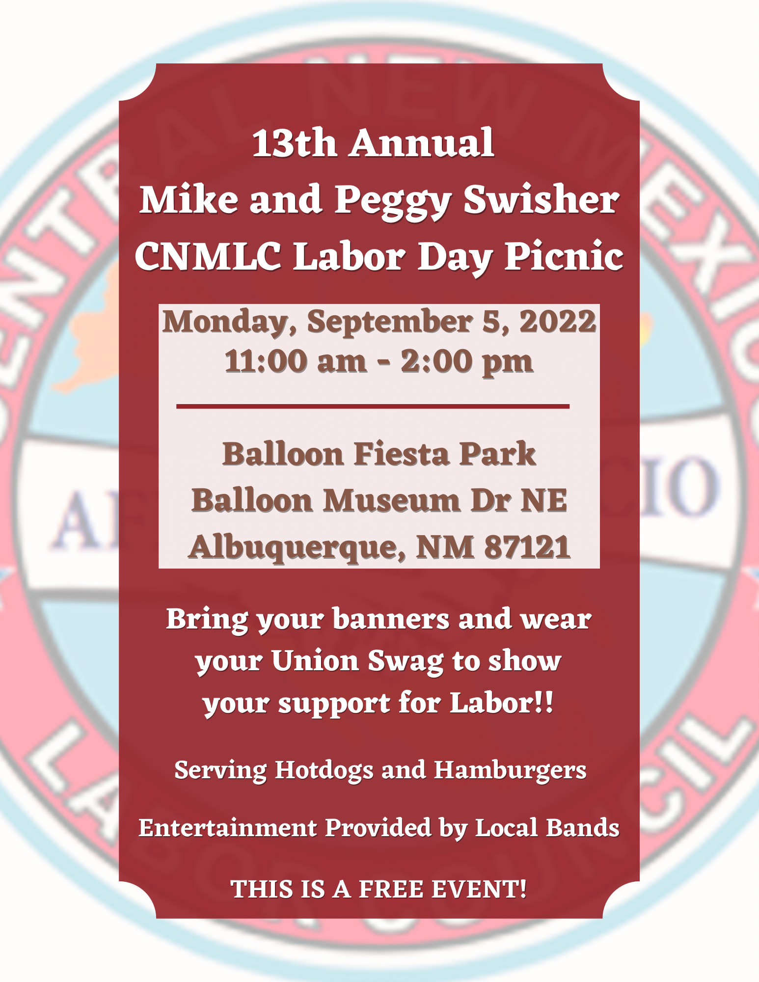Red flyer with details for Labor Day Picnic