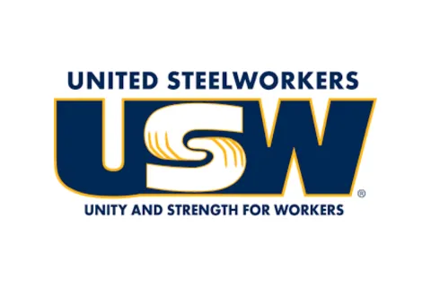 United Steelworkers in blue letters over USW in blue letters outlined in yellow over Unity and Strength for workers in blue letters