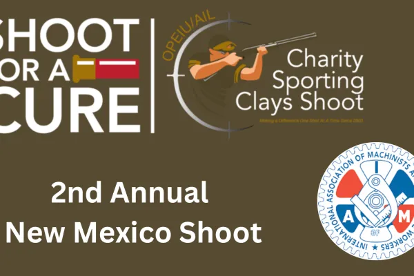 Brown Background stating: "Shoot for A Cure,"  "Charity Sporting Clay Shoot," and "2nd Annual New Mexico Shoot"in white lettering