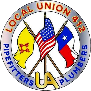 UA 412 Logo - Silver circle with red letters on top half and blue letters on bottom half. Lettering withing the circle: Top - "Local Union 412," Bottom - Pipefitters, Plumbers."  Centered in the bottom of the circle is gold lettering of "UA." In the center of the circle are 3 flags - US in the center, NM on the left, TX on the right.